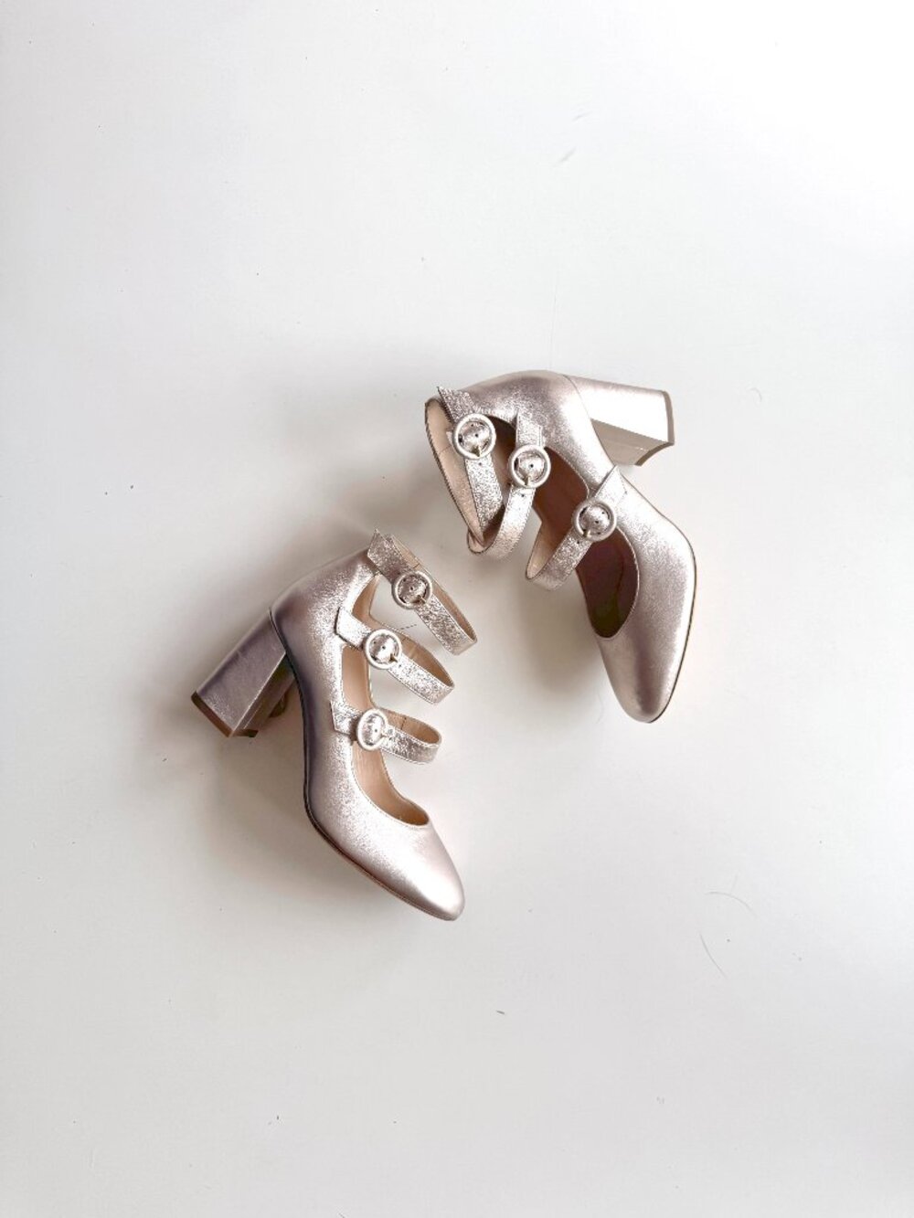 CLUB MONACO Yuulia Gold Leather 3 Strap Mary Jane Block Heel Pumps, Size 37.5